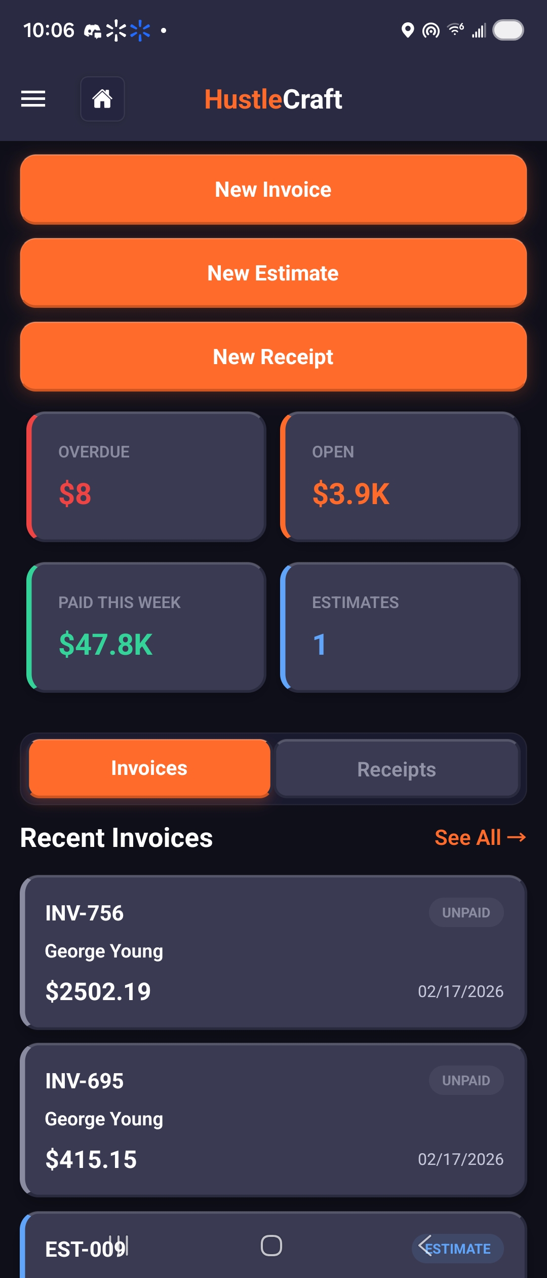 HustleCraft home screen