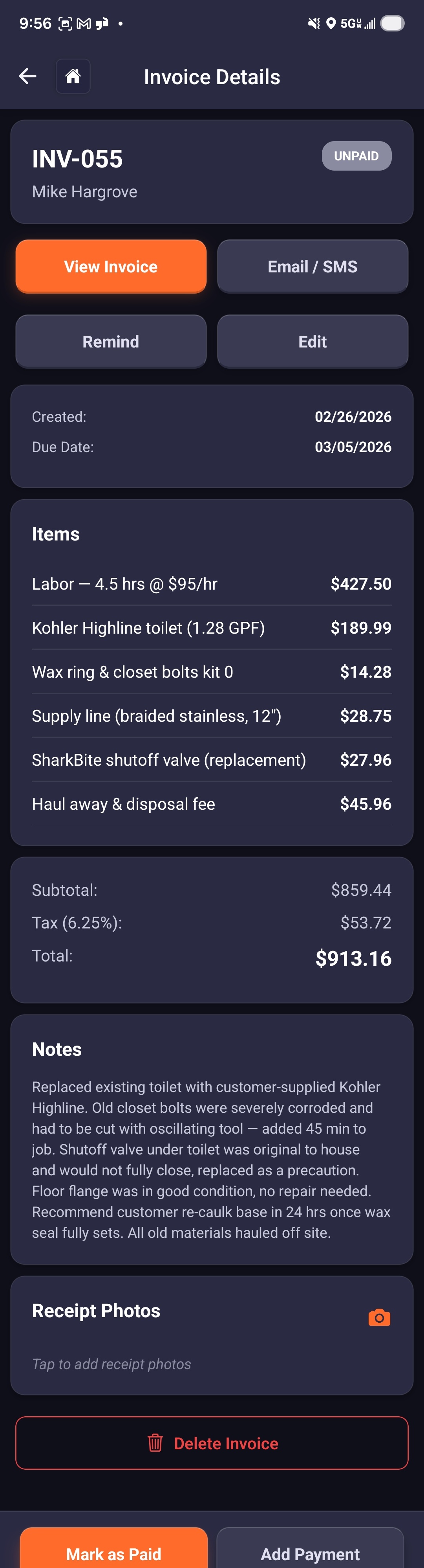 HustleCraft invoice screen